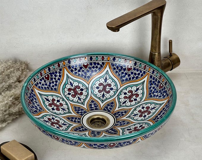 Multicolor Moroccan Ceramic Sink: Hand-Painted Low Profile Vessel Basin with Floral and Geometric Patterns for Bathroom Vanity Decor