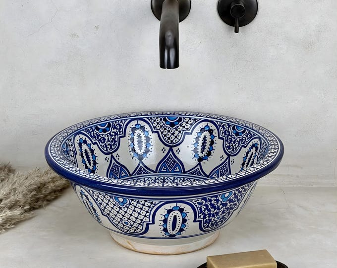Blue Ceramic Sink | A Cobalt Rosette Illuminated by Hand-Painted Moroccan Lines