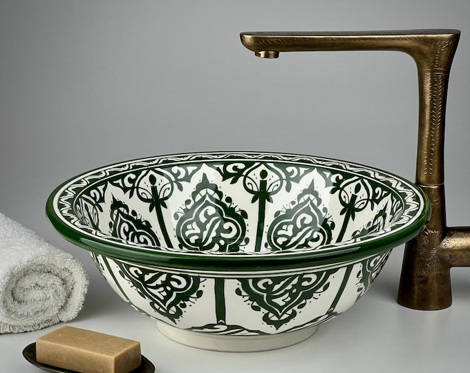 Hand-Painted Emerald Green Moroccan Vessel Sink: Arabesque Ceramic Washbasin