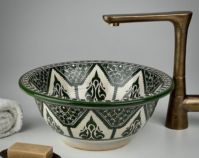 Emerald Green Moroccan Vessel Sink – Hand-Painted Ceramic Basin for Luxury Vanity and Bohemian Bathroom Décor
