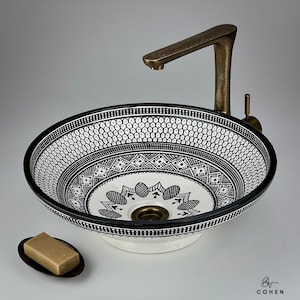 Moroccan Vessel Sink | An Intricate Berber Pattern, Hand-Painted in Timeless Black and White