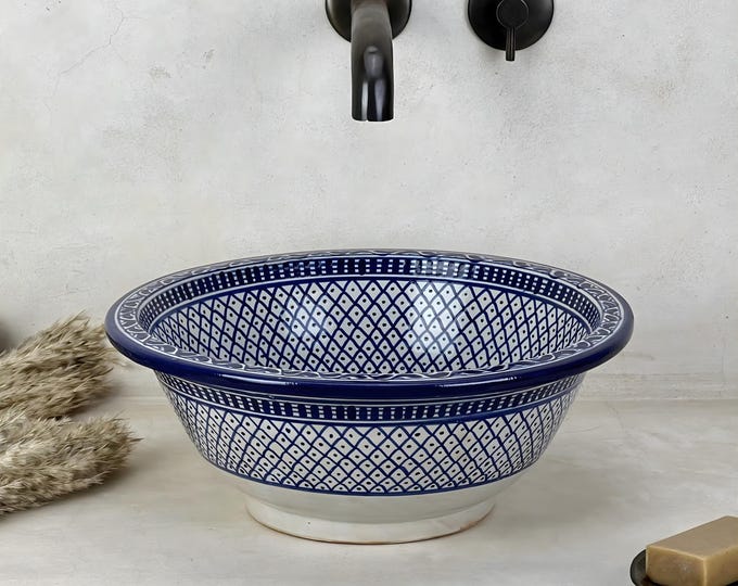 Moroccan Vessel Sink | A Midnight Web of Indigo Lines and Ancient Craft