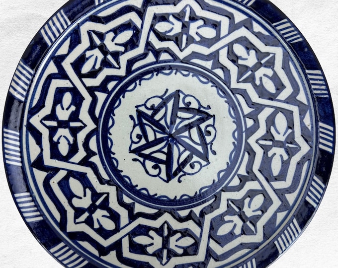 Blue and White Moroccan Ceramic Plate - Hand-painted Geometric Dish - Artisan Moorish Pottery for Kitchen & Dining/Wall Deco - Wedding Gift