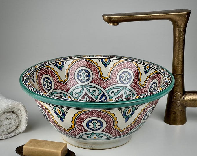 Colorful Moroccan Vessel Sink – Hand-Painted Ceramic Washbasin with Green, Red and Yellow Zellige Motifs for Luxury Vanity Décor