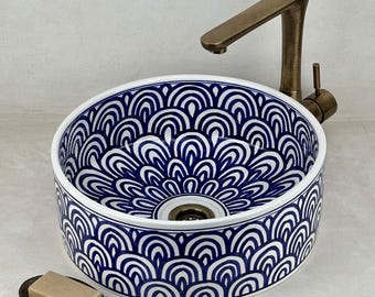 Moroccan Ceramic Vessel Sink | Hand-Painted Blue Arc Pattern Basin for Bathroom Vanity