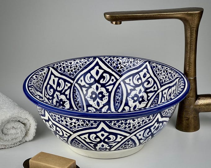 Blue Moroccan Vessel Sink – Hand-Painted Ceramic Washbasin with Geometric Zellige Patterns – Boho Vanity Basin for Bathroom Decor