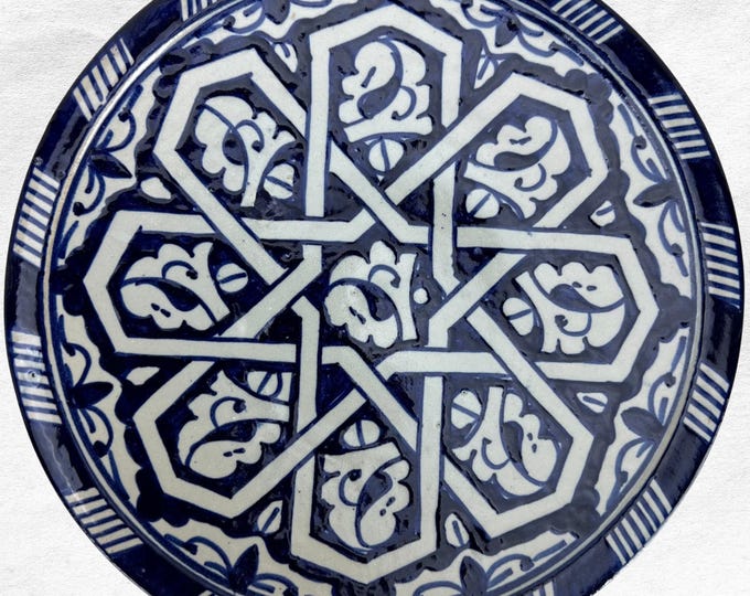 Blue and White Moroccan Plates - Hand-painted Fez Pottery For Kitchen/Dining - Traditional Serving Platter | Wall or Table Decor