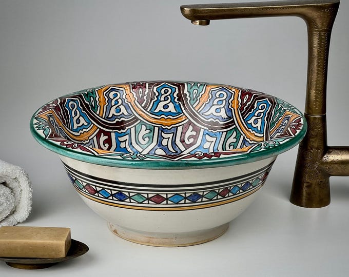 Moroccan Bathroom Sink – Colorful Ceramic Vessel Basin – Hand-Painted Vanity Wash Bowl for Countertop