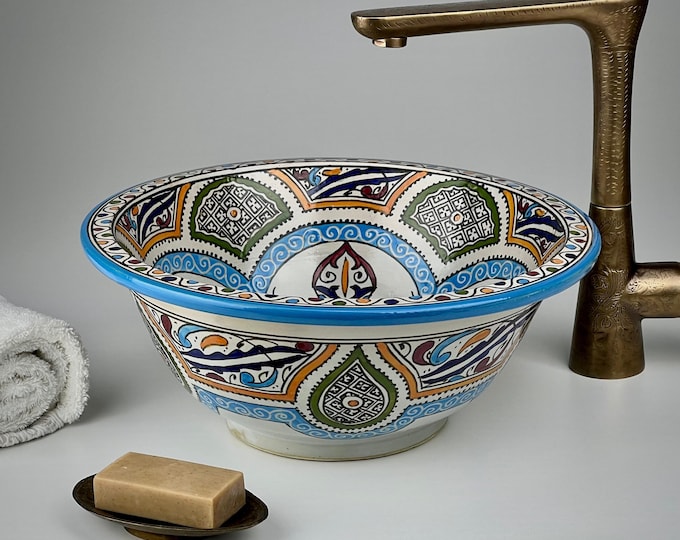 Moroccan Ceramic Sink – Colorful Vessel Sink – Hand-Painted Bathroom Basin – Boho Countertop Washbasin