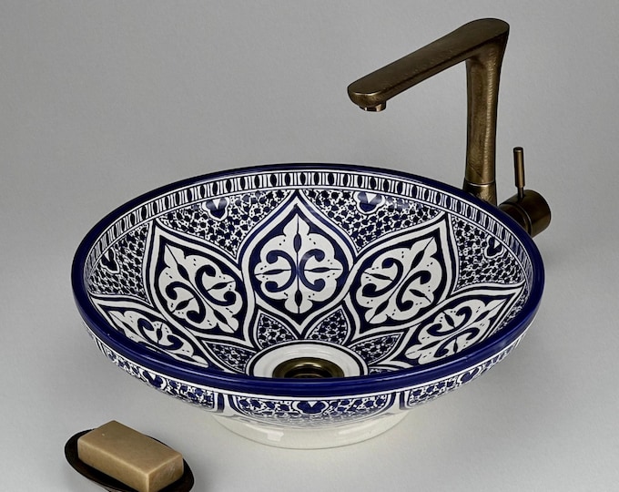 Moroccan Ceramic Vessel Sink in Blue and White: Handcrafted Low Profile Basin with Floral Zellige Motif for Bathroom Decor