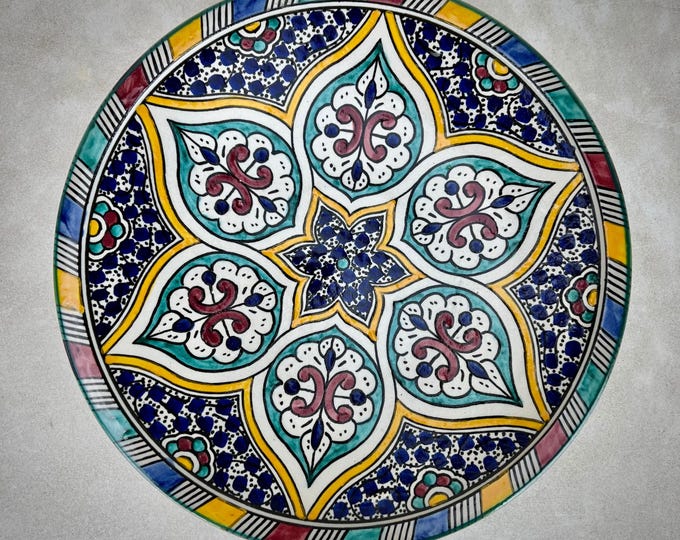 Colorful Moroccan Ceramic Plate – Floral Zellige Wall Art from Fez – Handmade Pottery Dish for Boho Kitchen and Mediterranean Decor