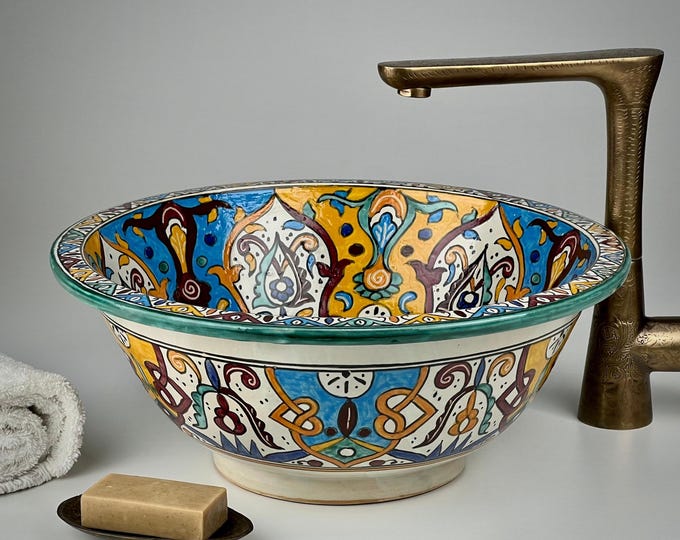 Moroccan Ceramic Sink – Multicolor Vessel Washbasin – Handmade Bathroom Vanity Basin – Vibrant Pottery