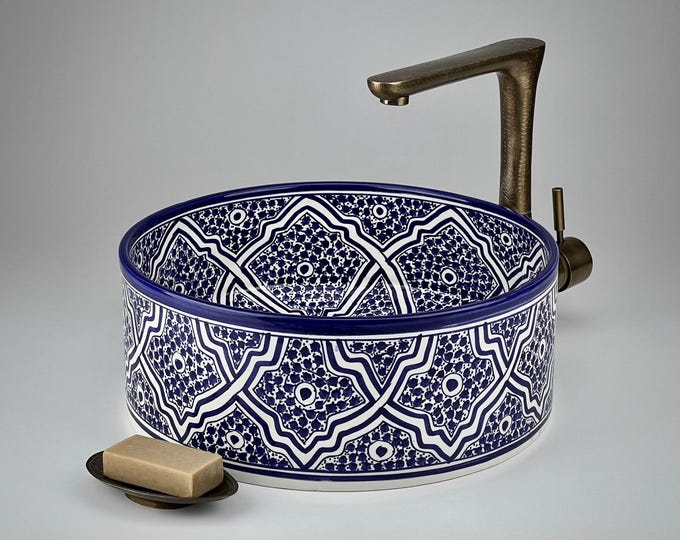 Moroccan Ceramic Sink in Blue and White: Hand-Painted Vessel Basin with Zellige Star Pattern for Mediterranean Bathroom Decor