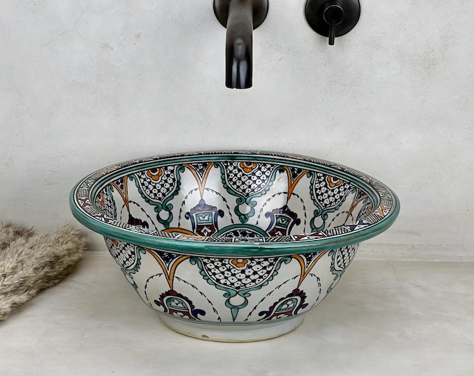 Moroccan Vessel Sink | A Garden of Painted Arches and Emerald-Star Geometry