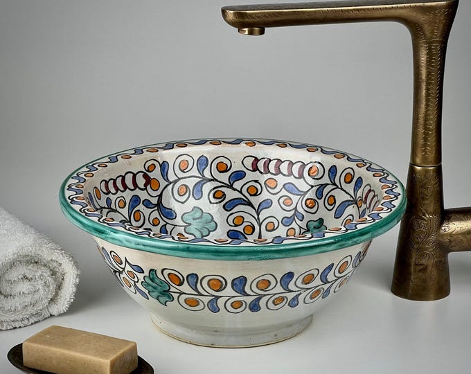 Moroccan Vessel Sink – Multicolor Floral Ceramic Washbasin for Eclectic Vanity and Artistic Interiors
