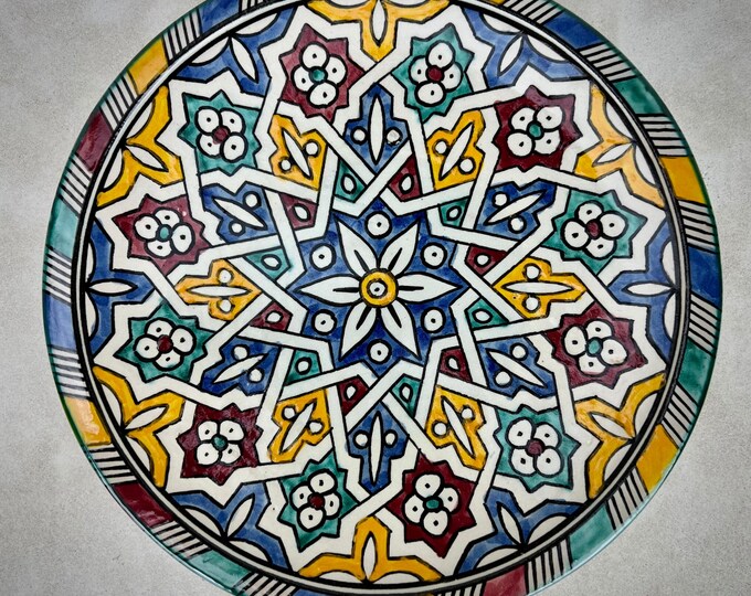 Hand-Painted Moroccan Ceramic Plate – Multicolor Geometric Star Pattern – Artisan Decorative Dish for Boho Tableware or Wall Art