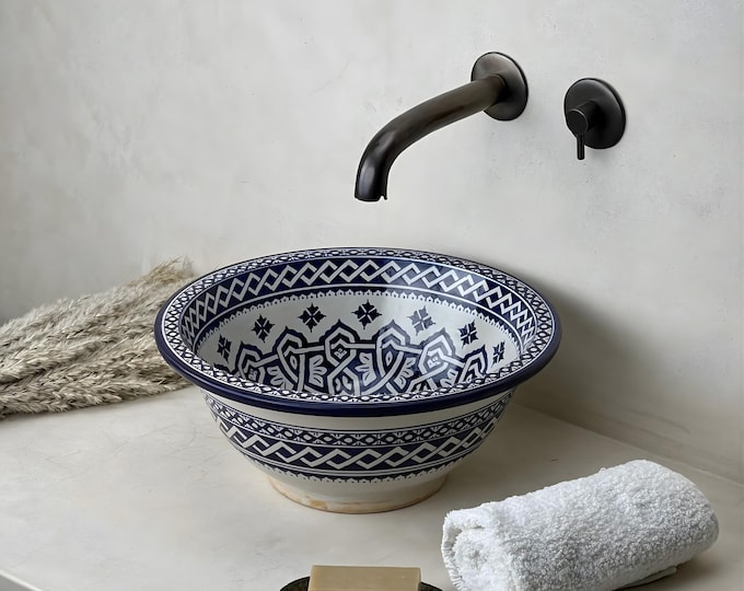 Handcrafted Moroccan Sink | The “Indigo Interlace” Basin of Fassi Mastery
