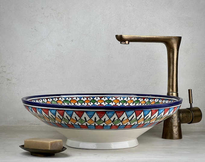 Moroccan Ceramic Vessel Sink | Hand-Painted Multicolor Zellige Basin for Bathroom Vanity