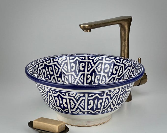 Hand-Painted Moroccan Ceramic Sink: Deep Blue Geometric Washbasin