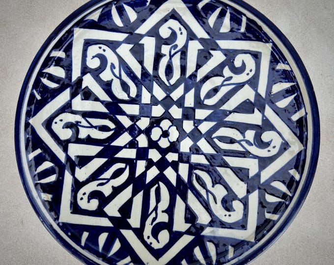 Blue and White Moroccan Ceramic Plate – Hand-Painted Geometric Star Dish for Wall Art or Oriental Kitchen Decor
