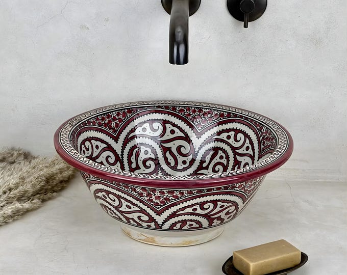 Burgundy Moroccan Vessel Sink | The Crimson Spiral of Hand-Painted Fassi Majesty