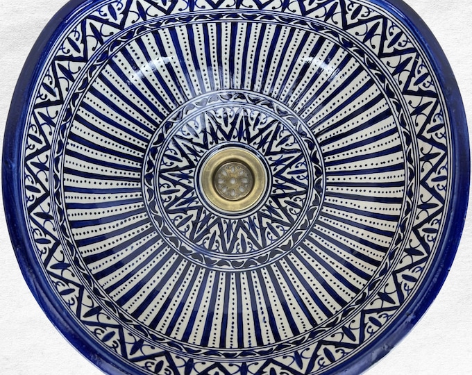Moroccan Sink (35 cm / 14 inches, Ready to ship) – Blue and White Ceramic Basin | Moorish Bathroom Washbowl | Timeless Artisan Decor