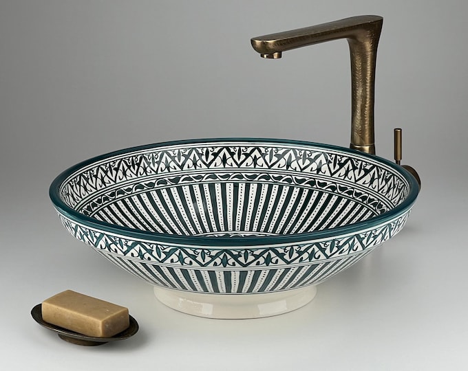 Teal Green Moroccan Low Profile Ceramic Sink – Handcrafted Shallow Vessel Basin with Geometric Arabesques for Bathroom Vanity Decor