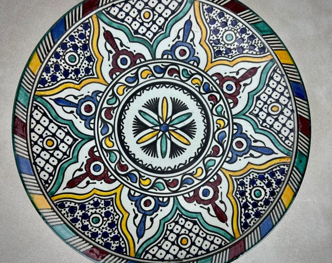 Moroccan Ceramic Plate with Hand-Painted Geometric and Floral Patterns – Fez Zellige Pottery for Boho Kitchen and Colorful Wall Art