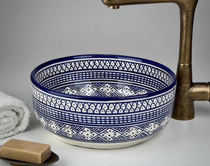 Blue and White Moroccan Vessel Sink – Hand-Painted Ceramic Washbasin for Boho Chic, Minimalist, or Luxury Vanity Décor
