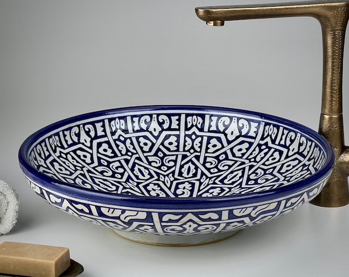 Moroccan Low Profile Sink – Hand-Painted Shallow Ceramic Basin with Geometric Moorish Pattern – Artisan Bathroom Vessel – Blue & White Decor