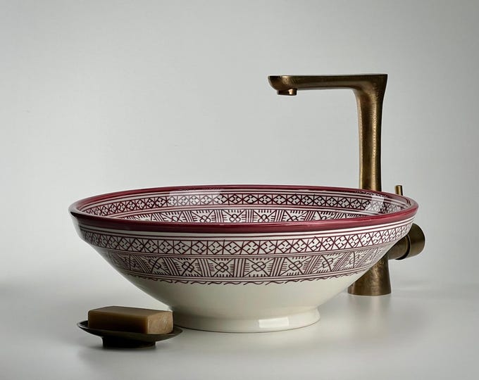 Moroccan Ceramic Vessel Sink: Burgundy and White Ceramic Washbasin with Geometric Zellige Motifs for Mediterranean Bathroom Vanity