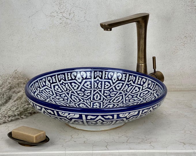 Moroccan Low Profile Sink – Hand-Painted Shallow Ceramic Basin with Blue and White Moorish Geometric Pattern – Artisan Bathroom Vessel