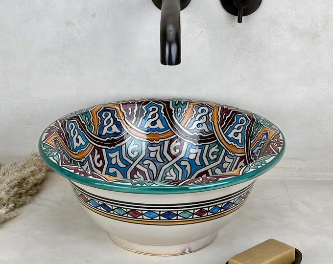 Moroccan Artisan Basin | Vibrant Handcrafted Vessel for Bathroom Vanity Décor