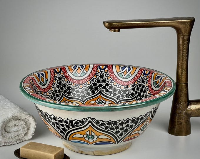 Moroccan Bathroom Sink – Artisan Ceramic Washbasin with Colorful Starburst and Black Hand-Painted Zellige Pattern