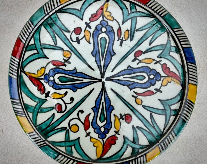 Colorful Moroccan Ceramic Plate – Hand-Painted Red, Blue & Green Dish with Floral Patterns – Artisan Kitchen Decor or Wall Art