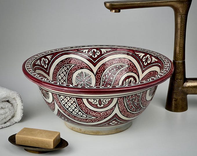 Handmade Moroccan Sink – Burgundy Ceramic Basin – Artisan Pottery Vessel – Luxury Bathroom Vanity