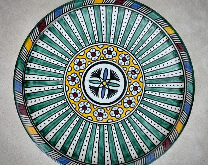 Green Moroccan Ceramic Plate – Hand-Painted Berber Dish with Yellow Floral Center for Kitchen Decor or Wall Art