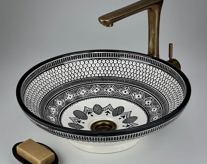 Moroccan Ceramic Sink: Black and White Low Profile Vessel Basin with Geometric Zellige Pattern for Bathroom Vanity Decor