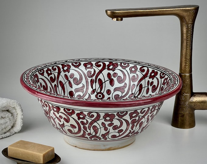 Moroccan Vessel Sink – Hand-Painted Burgundy Ceramic Washbasin with Floral Arabesques for Artistic Vanity and Boho Bathroom Décor