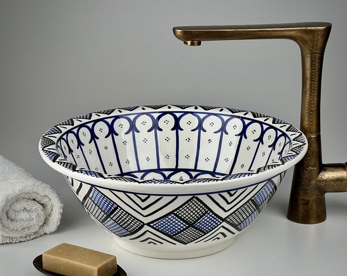 Blue and White Moroccan Vessel Sink – Hand-Painted Ceramic Vanity Basin with Moorish Arch Motif for Luxury Bathroom or Artistic Boho Décor