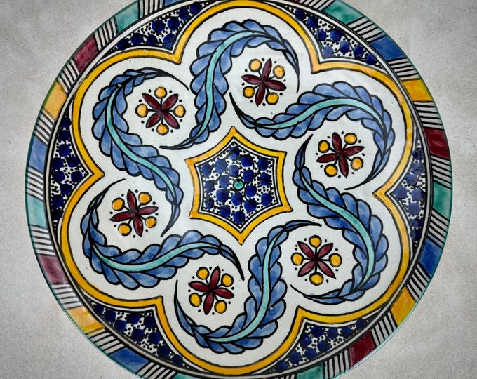 Handcrafted Moroccan Ceramic Plate with Floral Zellige Motifs in Blue, Red and Yellow – Boho Kitchen Decor and Artistic Wall Display