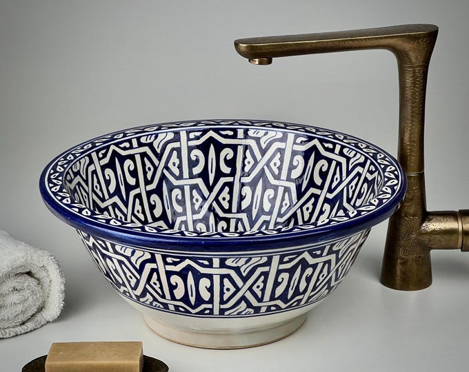 Blue Moroccan Ceramic Sink – Hand Painted Vessel Basin with Geometric Pattern – Round Vanity Countertop Washbasin – Artisan Decor