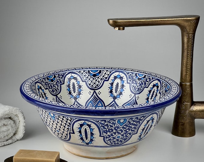 Moroccan Ceramic Sink – Hand Painted Blue Round Vessel Basin with Traditional Patterns – Vanity Countertop Washbasin