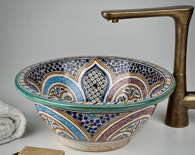 Moroccan Ceramic Sink – Round Hand-Painted Bathroom Vessel – Multicolor Fez Pottery Washbasin – Artisan Countertop Basin