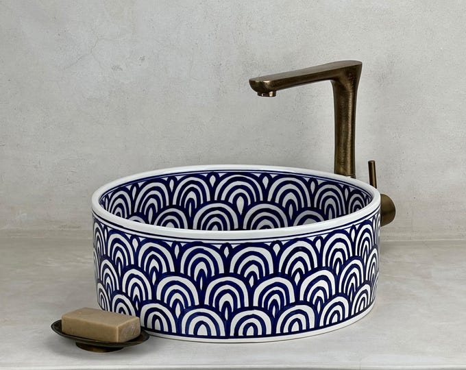 Blue and White Moroccan Ceramic Sink: Handcrafted Round Vessel Basin with Flowing Arabesque Patterns for Bathroom Decor