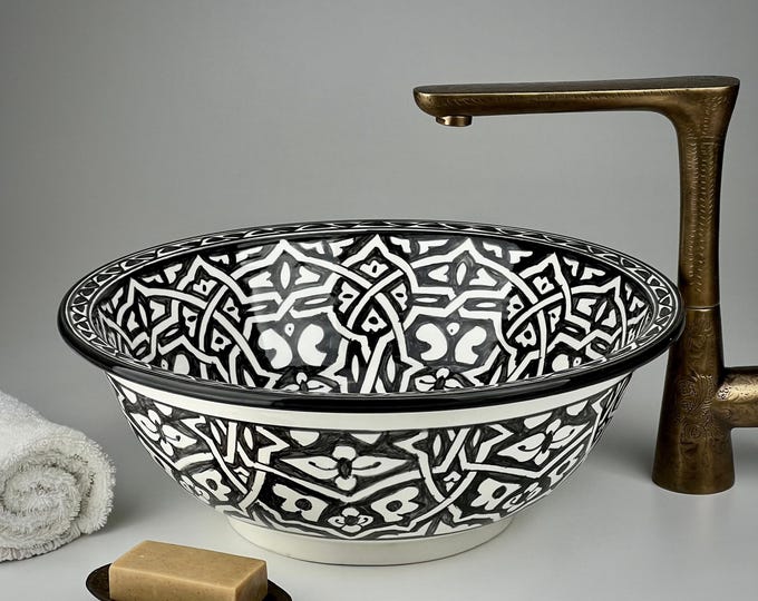 Hand-Painted Moroccan Ceramic Vessel Sink: Black & White Arabesque