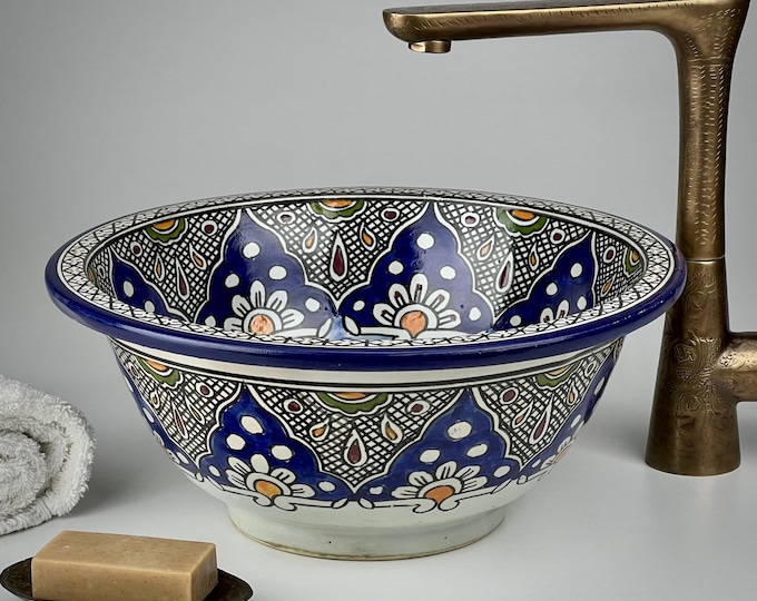 Blue Moroccan Vessel Sink – Hand-Painted Ceramic Washbasin with Floral Motifs and Oriental Charm for Luxury Vanity Bathroom Décor