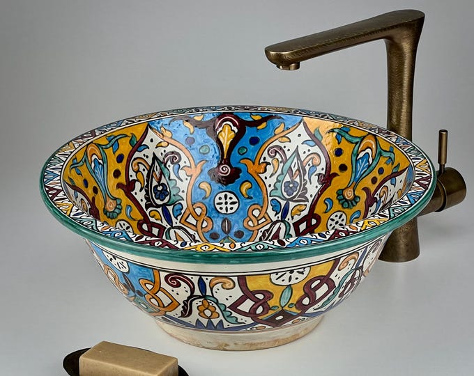 Hand-Painted Moroccan Ceramic Sink: Boho Bathroom Vessel Basin