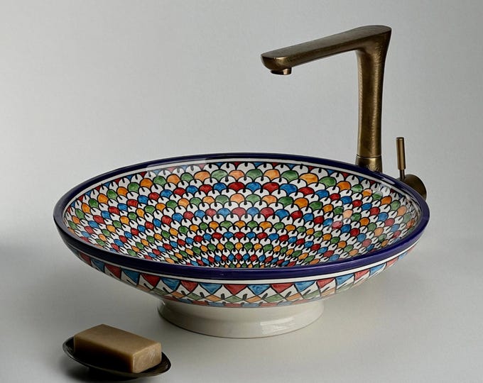Multicolor Moroccan Ceramic Sink: Hand-Painted Low Profile Vessel Basin with Radiant Geometric Patterns for Bathroom Vanity Decor