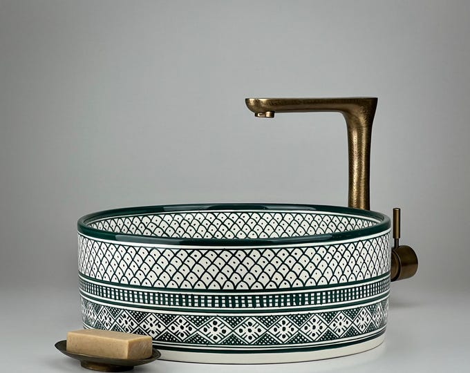 Hand-Painted Teal Green Moroccan Vessel Sink: Ceramic Vanity Basin
